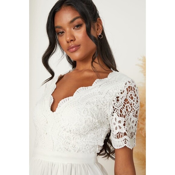 Lulu's Angel in Disguise White Lace Fit Flare Dress Short Sleeve Women’s Small - Picture 3 of 10